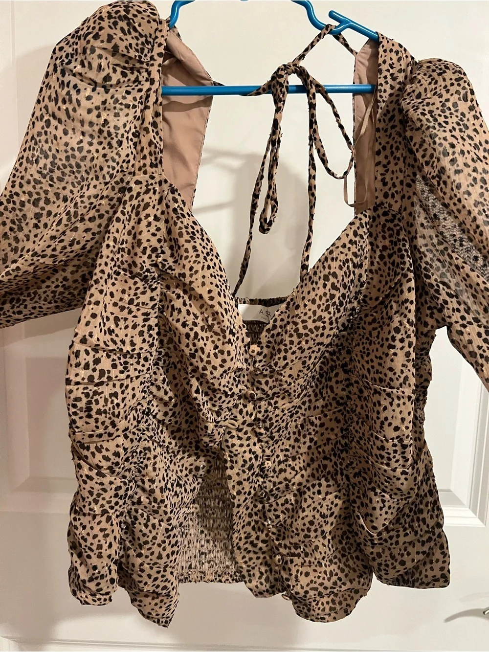Astr Leopard Print Puff Sleeve Tie-Back Blouse in Tan and Black